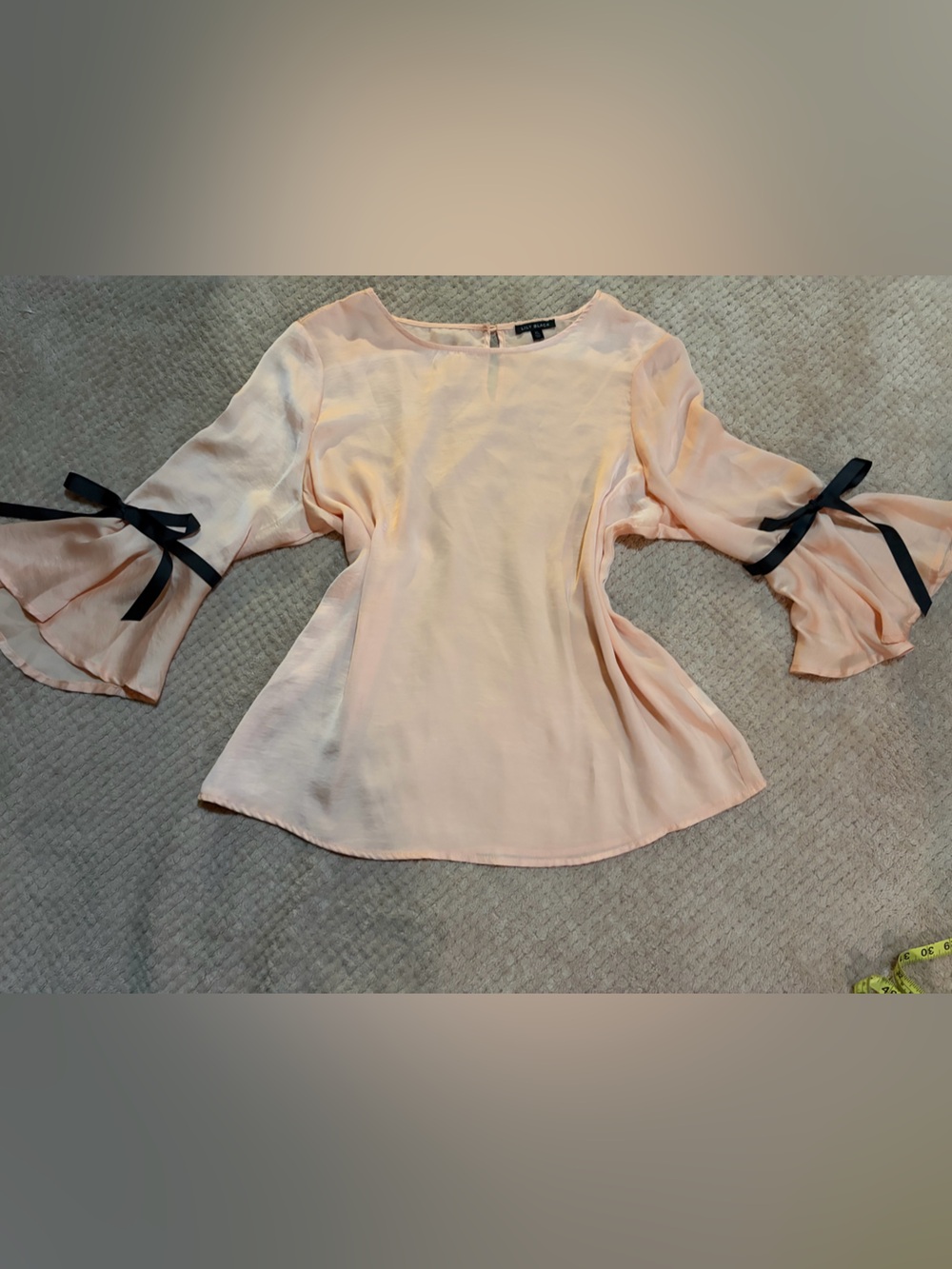 Women's Light Peach Bell-Sleeve Blouse with Black Ribbon Detail